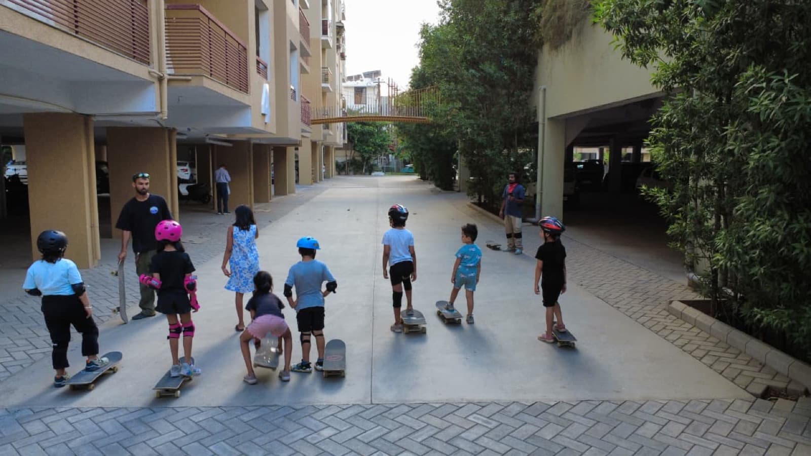 Children practising skateboarding with BhopalSB coaches during a class